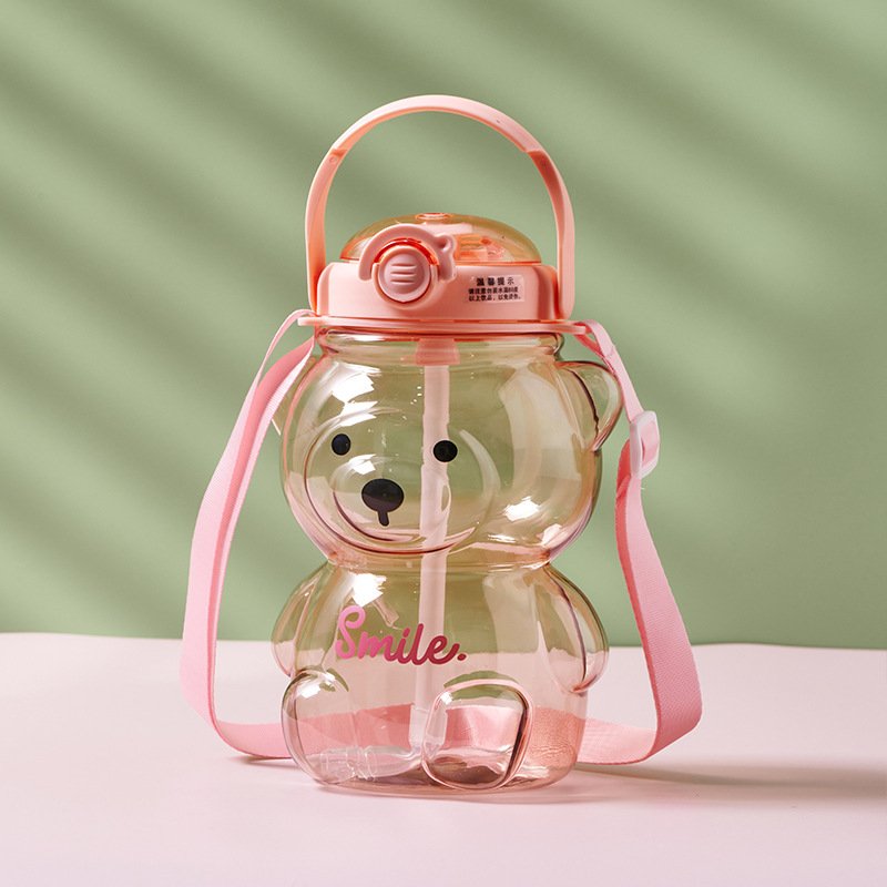 DD1893 Kawaii Portable Leakproof Bear Drinking Cup with Straw Strap Sports Camping Picnic Travel Kids Cute Bear Water Bottle