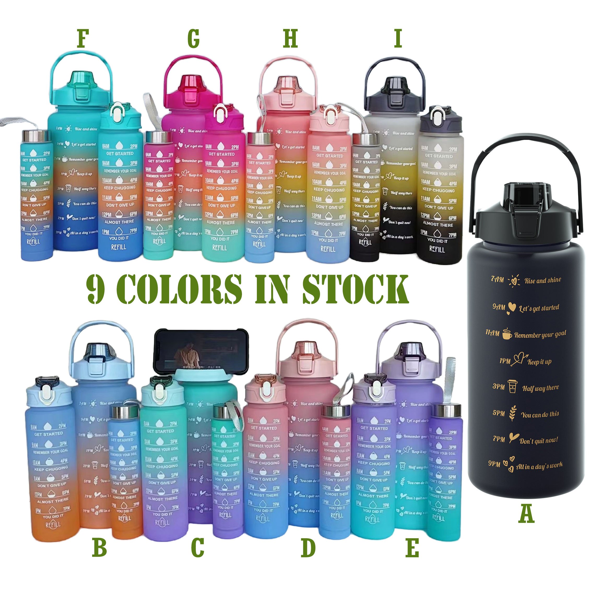 2000ml 64oz Free Water Jug Gradient Color 3-Piece Set Outdoor Plastic Sports Water Bottle Set with Lid Cartoon Travel Mug