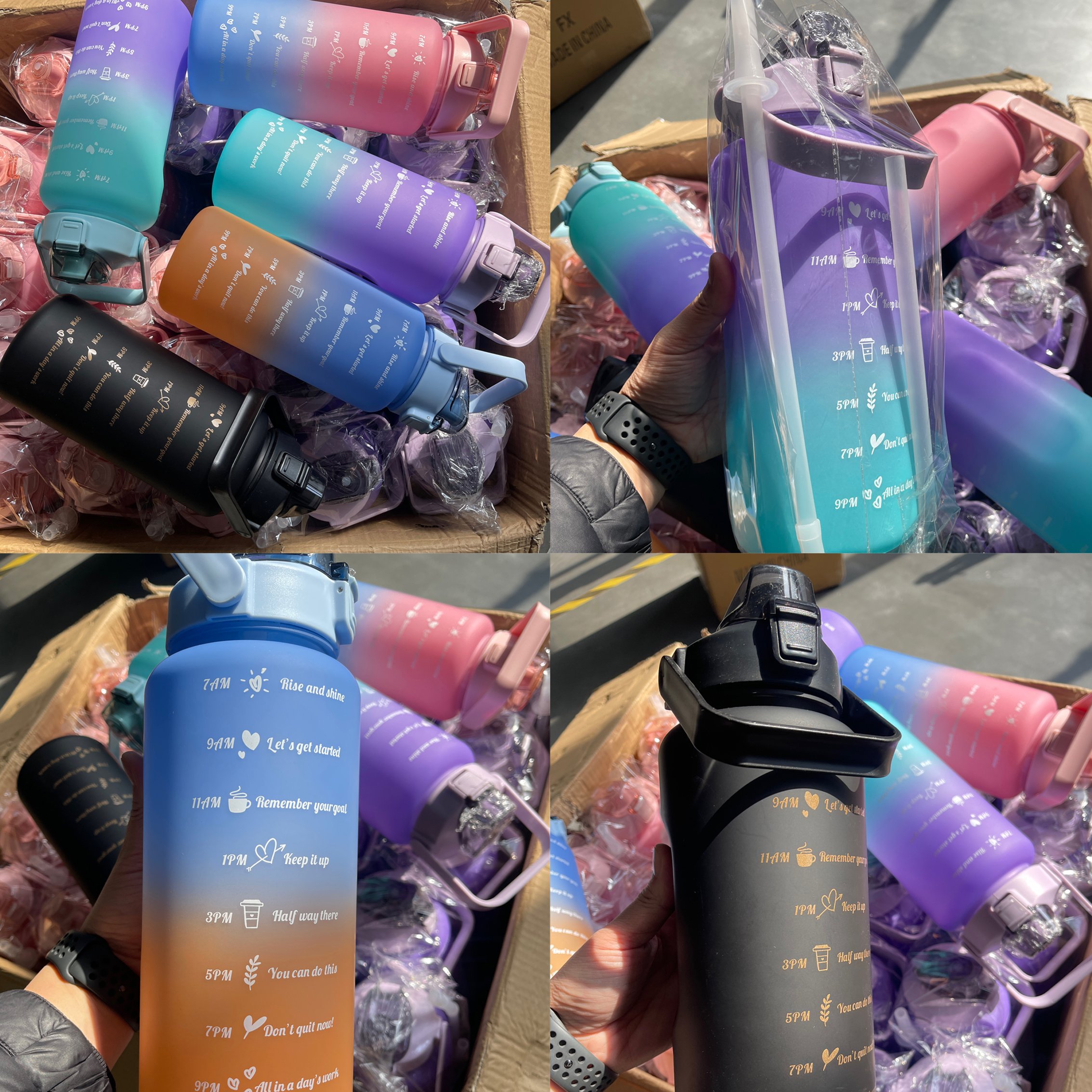 2000ml 64oz Free Water Jug Gradient Color 3-Piece Set Outdoor Plastic Sports Water Bottle Set with Lid Cartoon Travel Mug