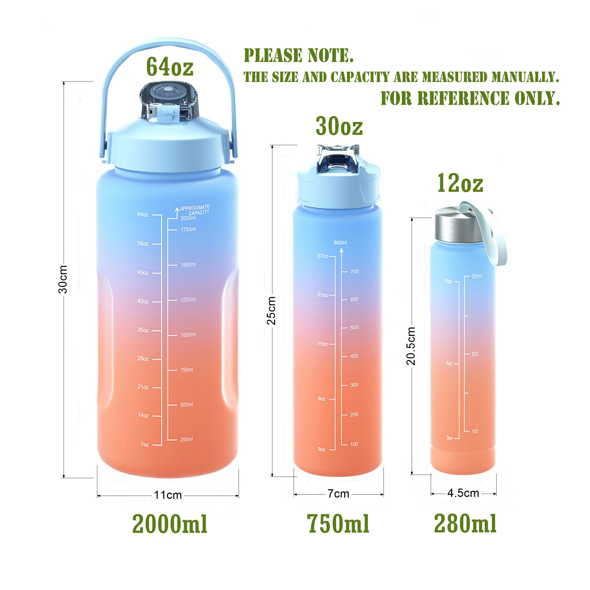 2000ml 64oz Free Water Jug Gradient Color 3-Piece Set Outdoor Plastic Sports Water Bottle Set with Lid Cartoon Travel Mug
