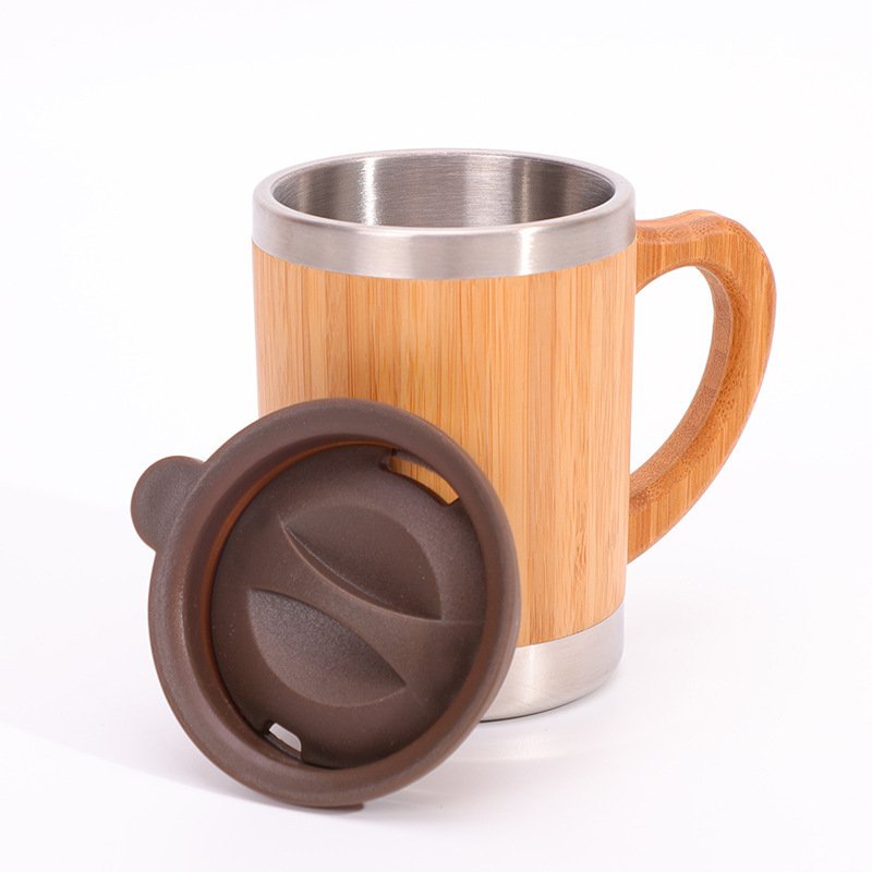 2024 hot sale Wood Travel Insulated Coffee Cup Stainless Steel Bamboo Mug With Lid Cool Coffee Mugs