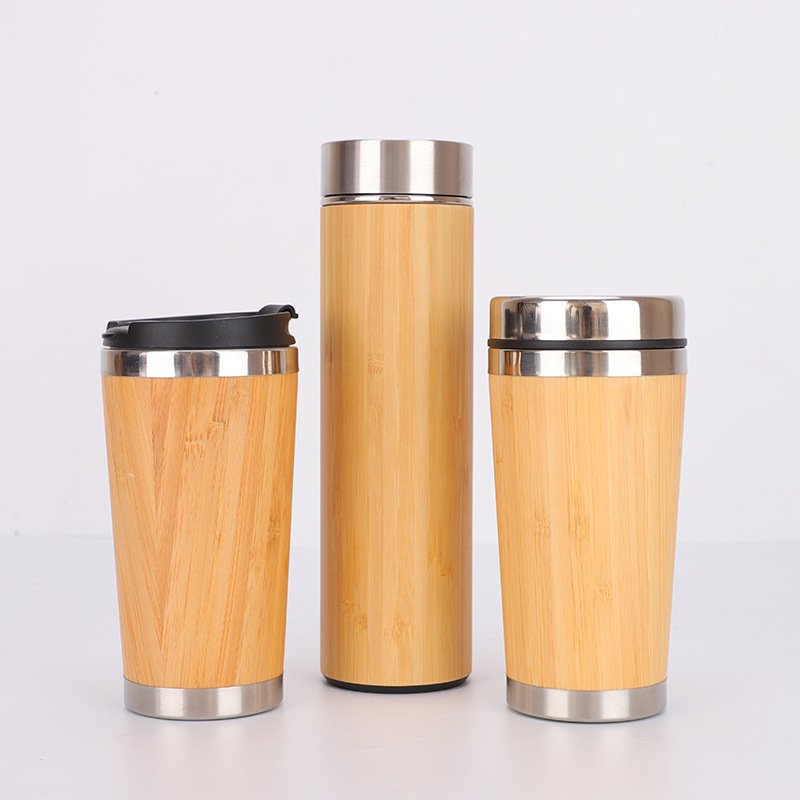 2024 hot sale Wood Travel Insulated Coffee Cup Stainless Steel Bamboo Mug With Lid Cool Coffee Mugs