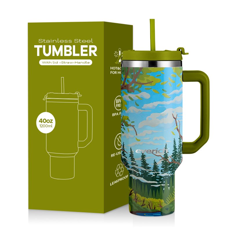 40 oz Tumbler with Handle and Straw Lid | Insulated Cup Reusable Stainless Steel Water Bottle Travel Mug Cupholder Friendly