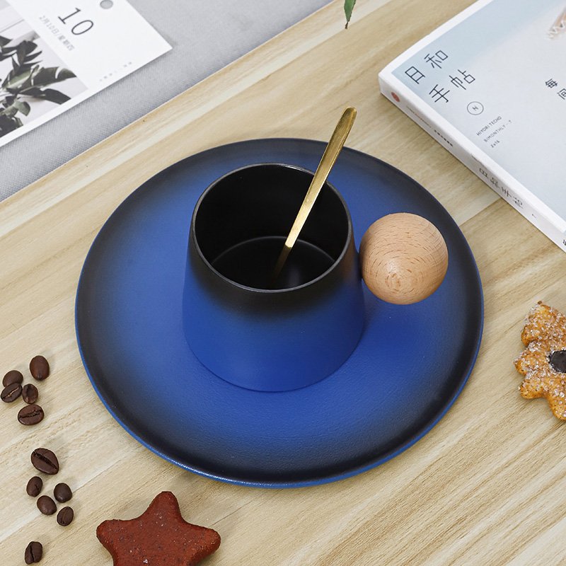 Whole Chinese style 200ml ceramic mug set creative milk cup with wood handle porcelain coffee mugs with saucer