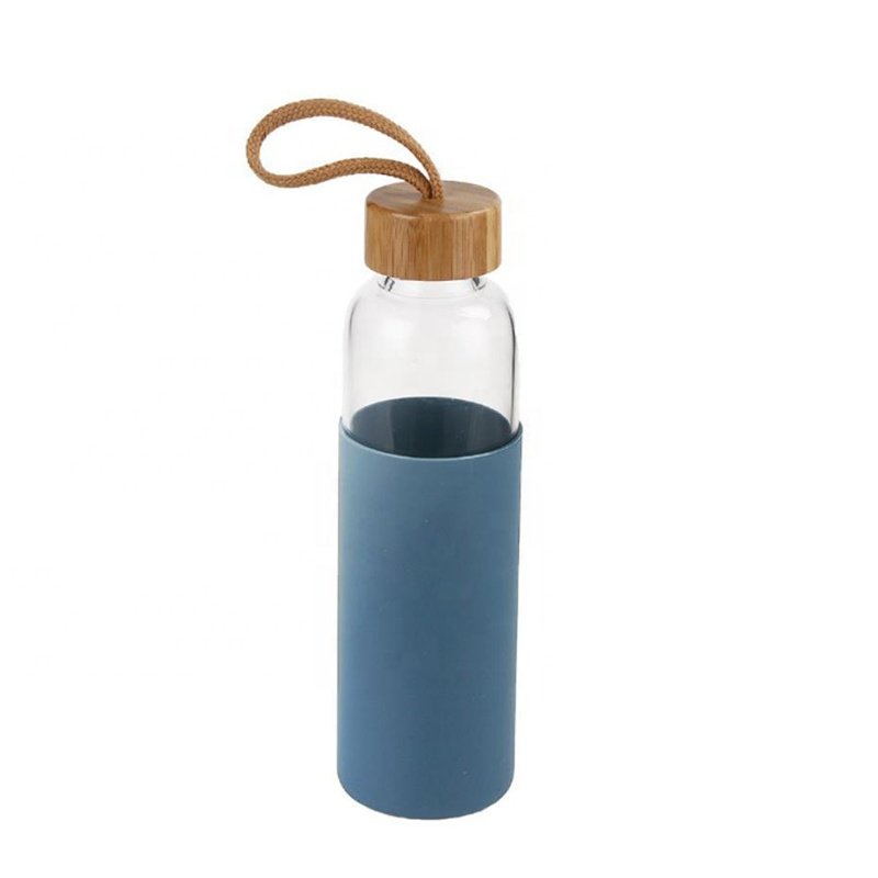 Bamboo lid silicone sleeve eco friendly portable 550ml travel durable borosilicate drinking sports cup glass water bottle