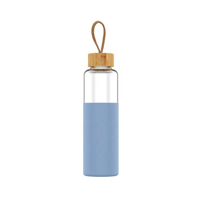 Bamboo lid silicone sleeve eco friendly portable 550ml travel durable borosilicate drinking sports cup glass water bottle