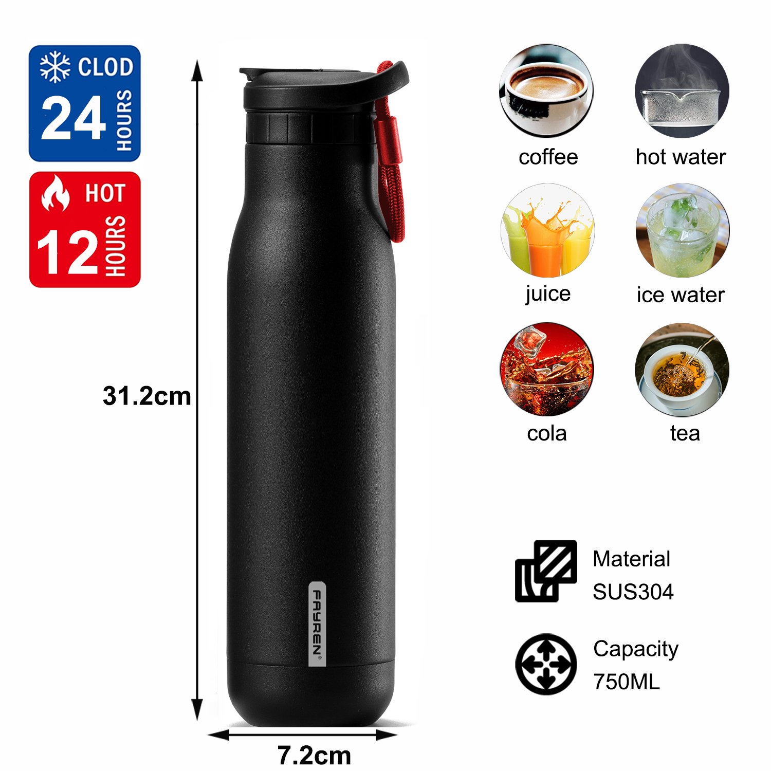 Fayren New design Custom Stainless Steel Sport Water Bottle Vacuum Flask Small Mouth Vacuum Insulated Thermoses with straw lid