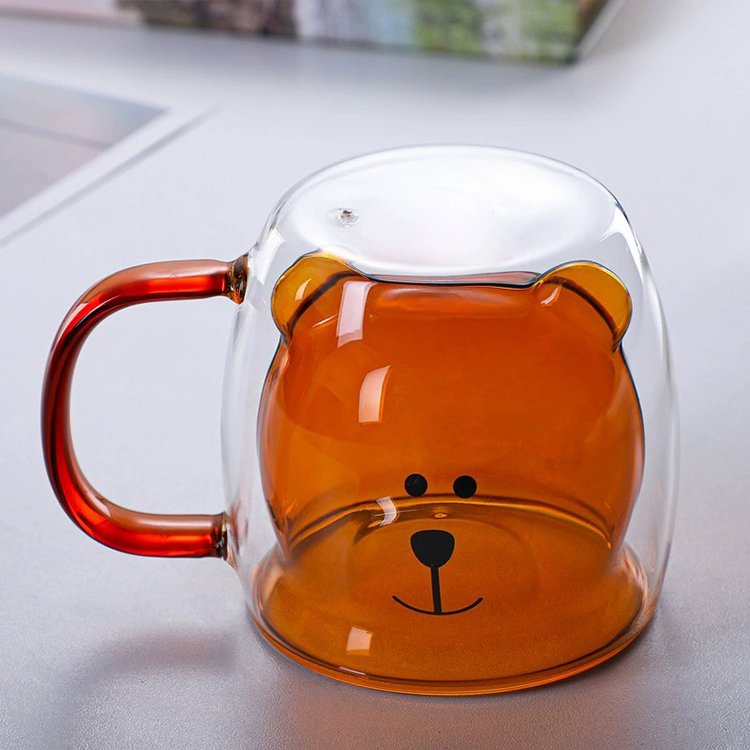 Cute Bear Tea Cup Double Wall Glass Milk Coffee Bear Mug With Handle Beer Glass Cup