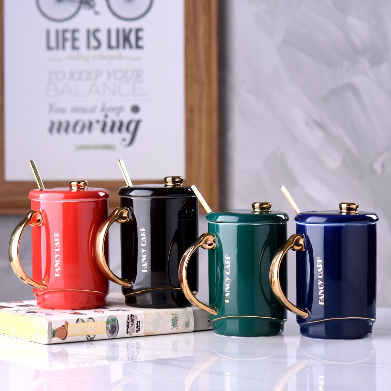 Golden handle ceramic cup Gift Mug coffee cup with spoon