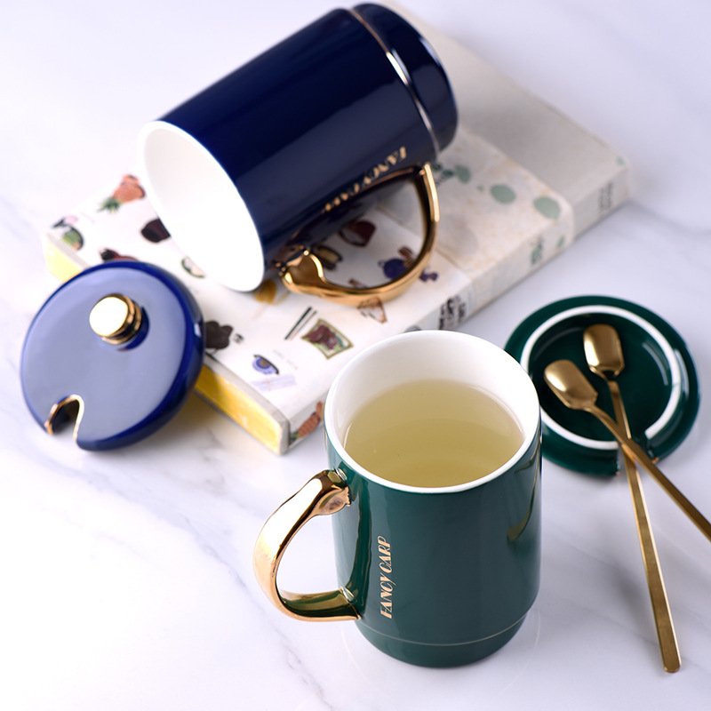 Golden handle ceramic cup Gift Mug coffee cup with spoon