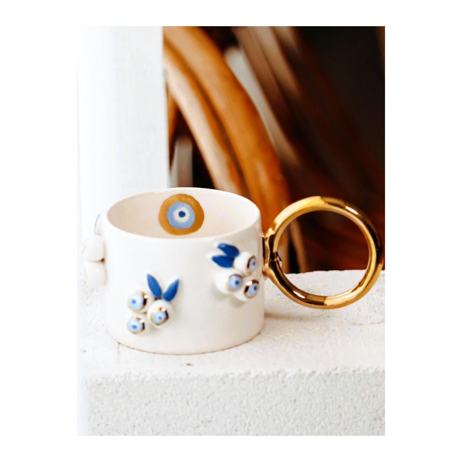 24 Carat Gold Decorated Embossed Handmade Mug, Evil Eye Mug, 220 ml