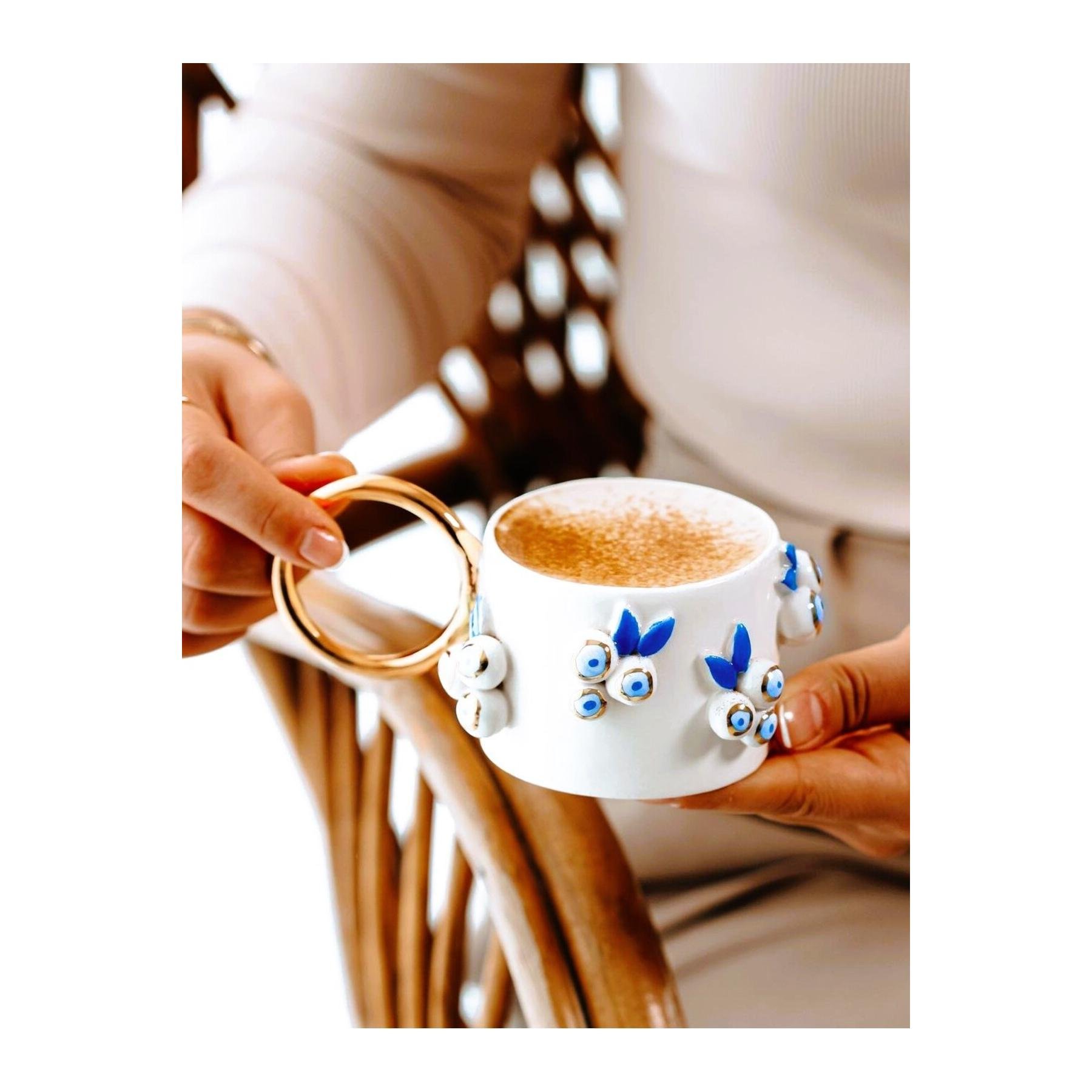 24 Carat Gold Decorated Embossed Handmade Mug, Evil Eye Mug, 220 ml