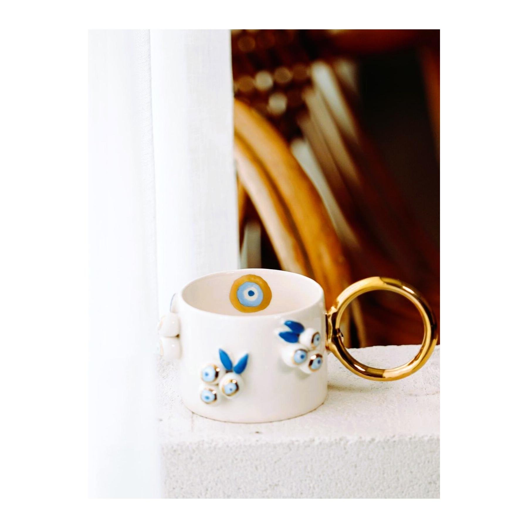 24 Carat Gold Decorated Embossed Handmade Mug, Evil Eye Mug, 220 ml