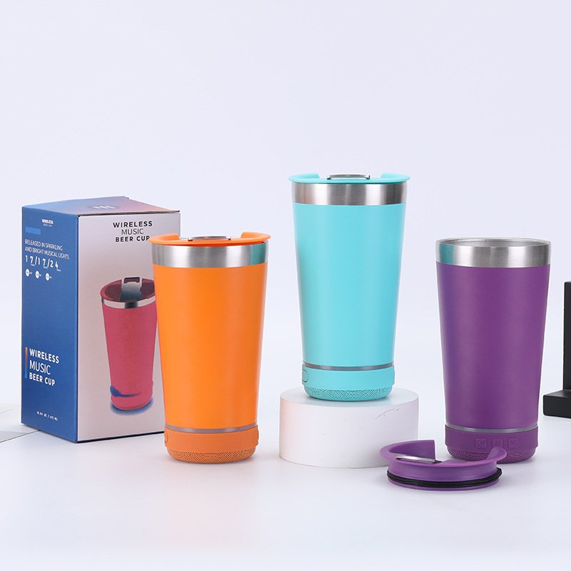 Most Popular Hot Sale Custom Printed Logo Stainless Steel Vaccum Beerinsulated Bluetooth Music Speaker beer tumbler and cups Mug