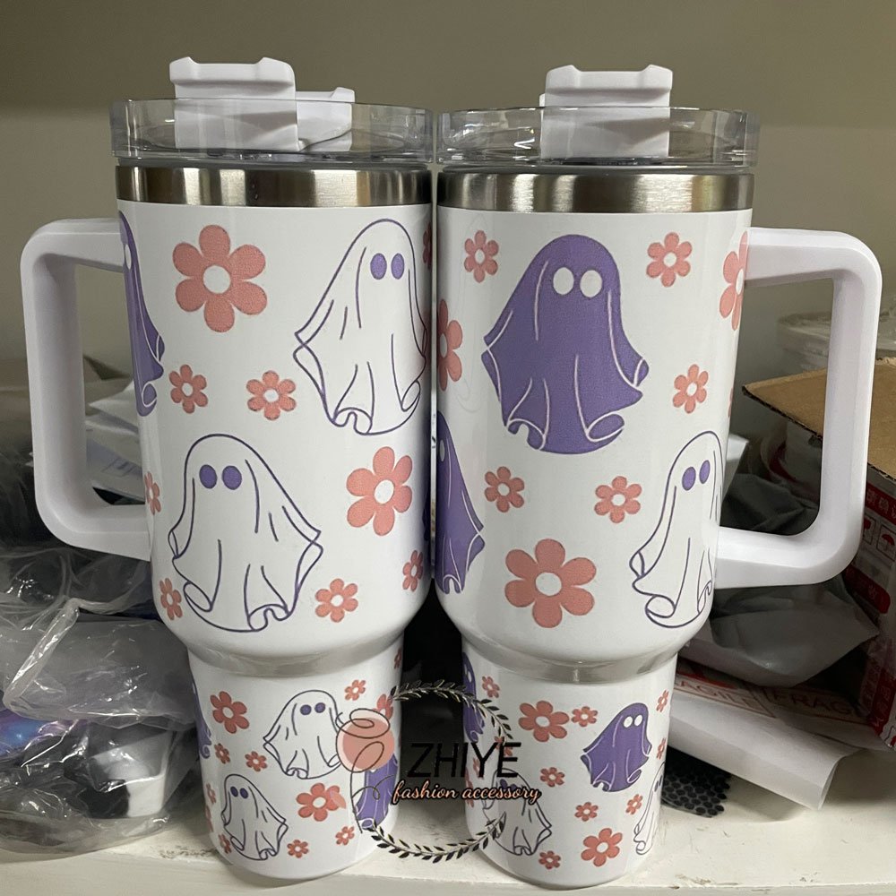 Custom Spooky Season Mugs Cute Boo Printed 40oz Stainless Steel Tumbler Hot and Cold Cup Halloween Retro Ghost Tumbler