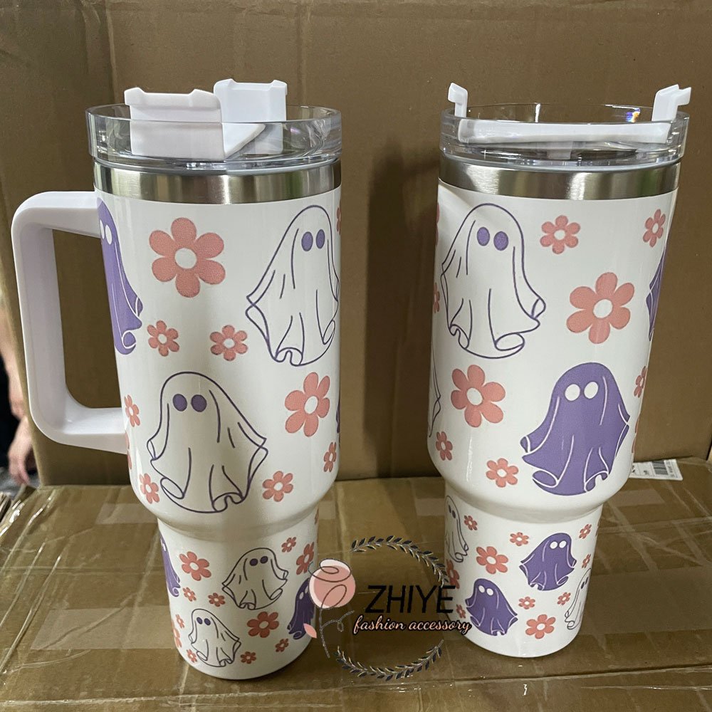 Custom Spooky Season Mugs Cute Boo Printed 40oz Stainless Steel Tumbler Hot and Cold Cup Halloween Retro Ghost Tumbler