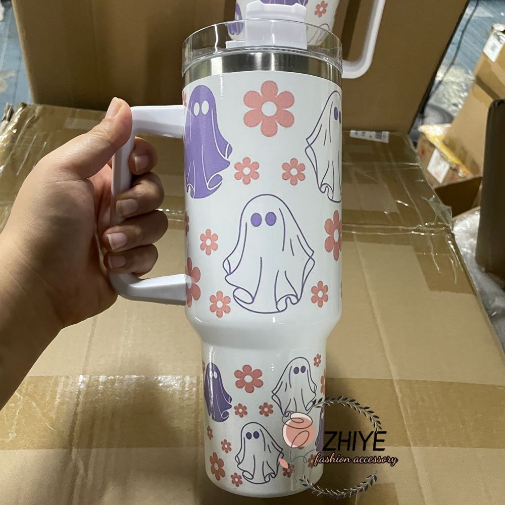 Custom Spooky Season Mugs Cute Boo Printed 40oz Stainless Steel Tumbler Hot and Cold Cup Halloween Retro Ghost Tumbler
