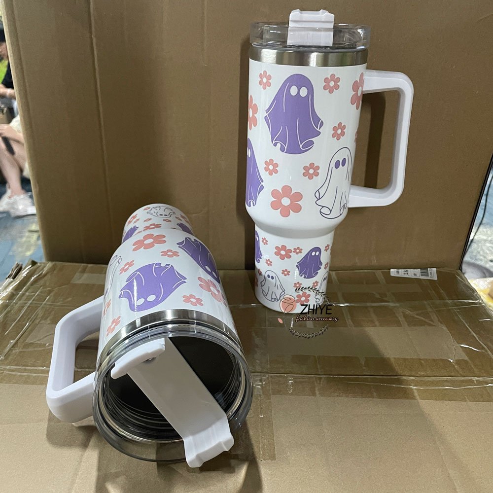 Custom Spooky Season Mugs Cute Boo Printed 40oz Stainless Steel Tumbler Hot and Cold Cup Halloween Retro Ghost Tumbler