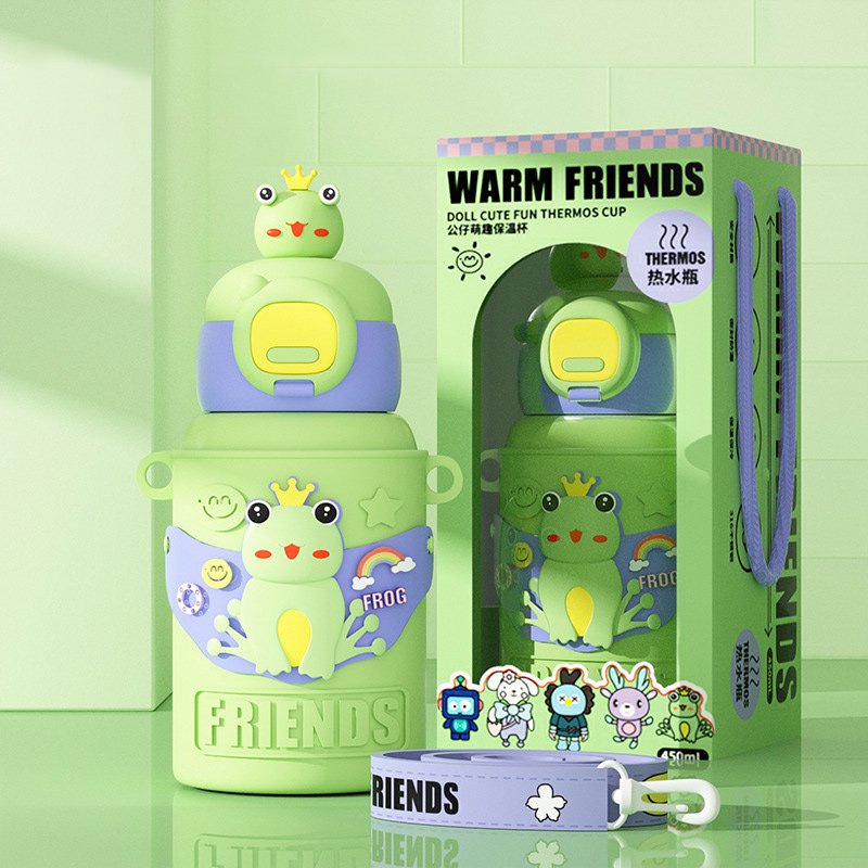 Goofit Christmas Gift 450ml Kids Love Water Bottle Thermos Cup Insulated Baby Kids Cute Milk Water Bottles with Straw