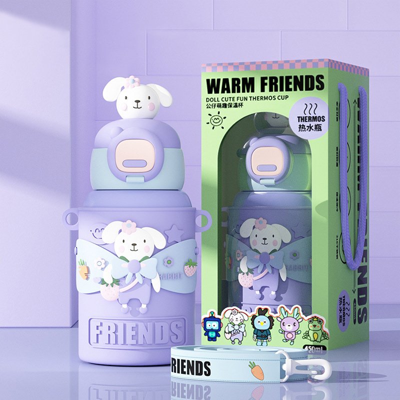 Goofit Christmas Gift 450ml Kids Love Water Bottle Thermos Cup Insulated Baby Kids Cute Milk Water Bottles with Straw