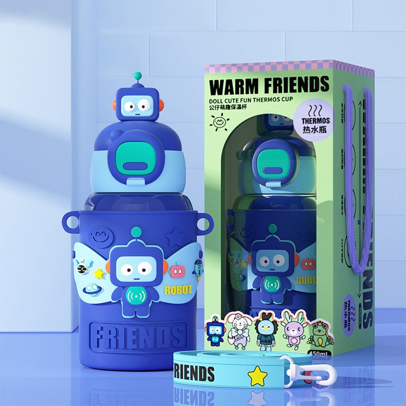 Goofit Christmas Gift 450ml Kids Love Water Bottle Thermos Cup Insulated Baby Kids Cute Milk Water Bottles with Straw