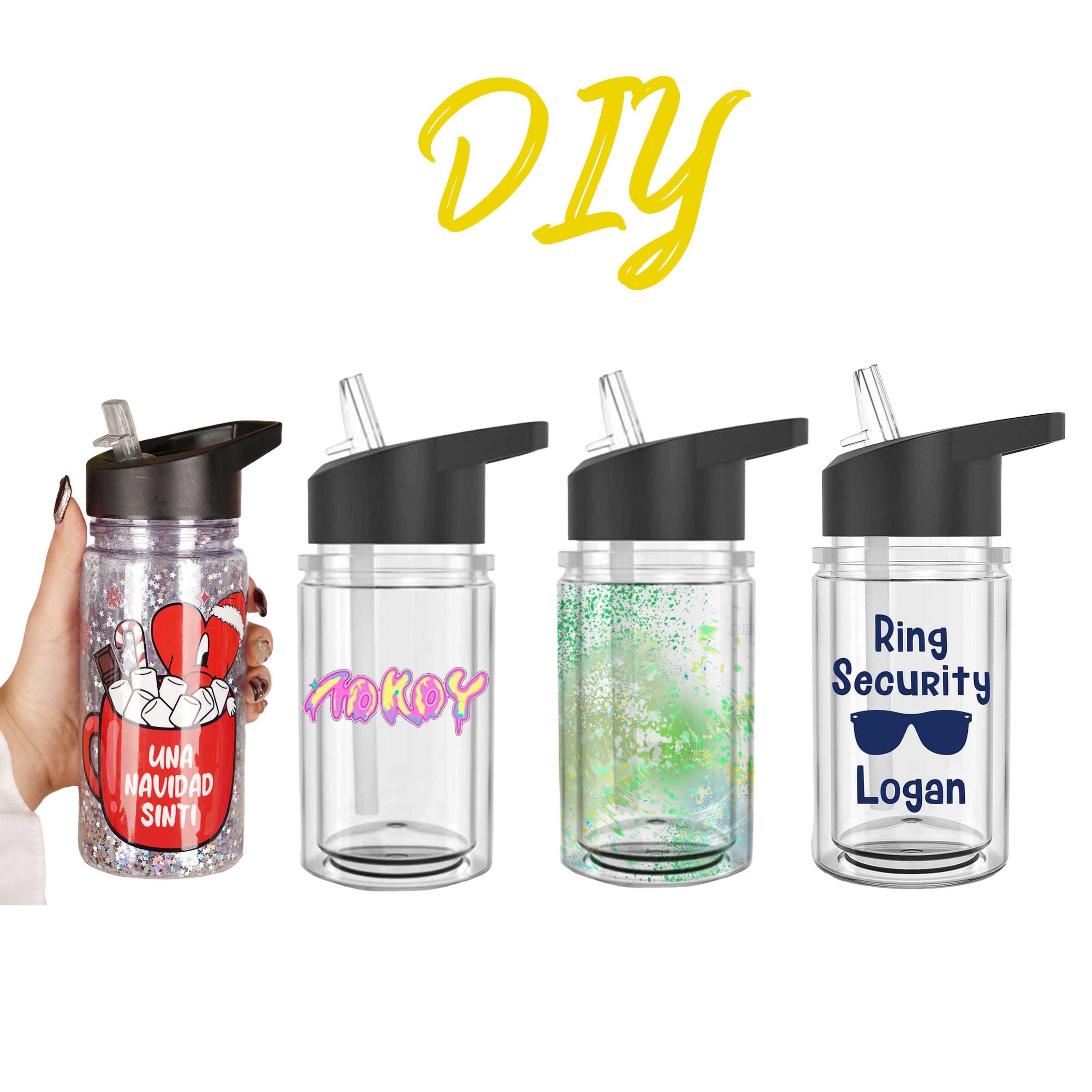 New Products 2024 Bpa Free Sublimation Blanks Kids Water Bottle 10oz Double Predrilled Kids Plastic Snowglobe Tumbler with Straw
