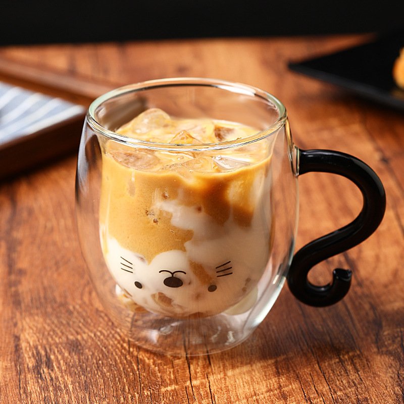 Creative Gift Cartoon Cat Shape Double Wall Glass Clear High Borosilicate Heat Resisting Coffee Cup Mug with Handle