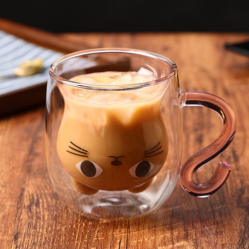 Creative Gift Cartoon Cat Shape Double Wall Glass Clear High Borosilicate Heat Resisting Coffee Cup Mug with Handle