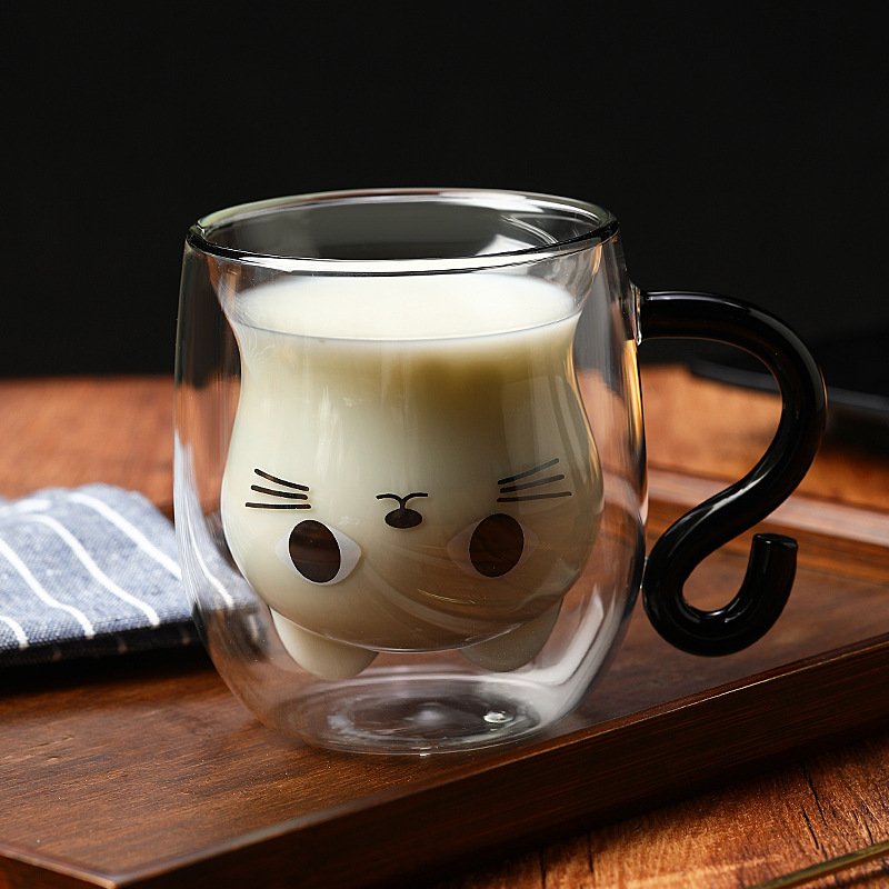 Creative Gift Cartoon Cat Shape Double Wall Glass Clear High Borosilicate Heat Resisting Coffee Cup Mug with Handle