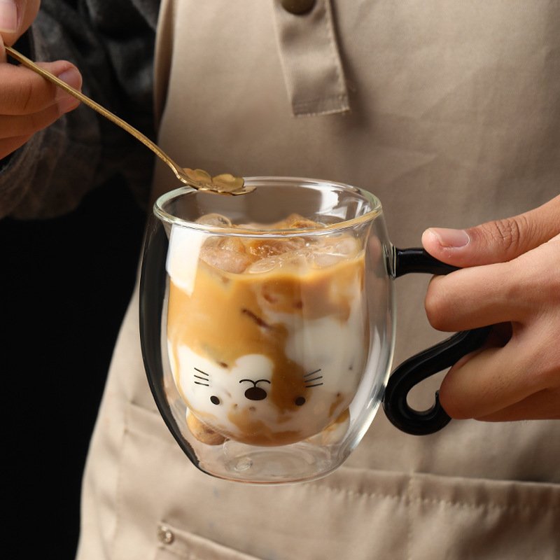 Creative Gift Cartoon Cat Shape Double Wall Glass Clear High Borosilicate Heat Resisting Coffee Cup Mug with Handle