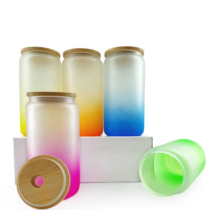 Us Warehouse 16oz Frosted Gradient Color Beer Juice Soda Shaped Sublimation Glass Can With Bamboo Lid And Plastic Straws