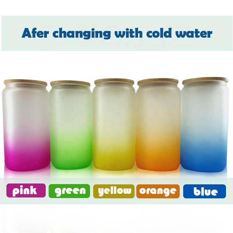 Us Warehouse 16oz Frosted Gradient Color Beer Juice Soda Shaped Sublimation Glass Can With Bamboo Lid And Plastic Straws