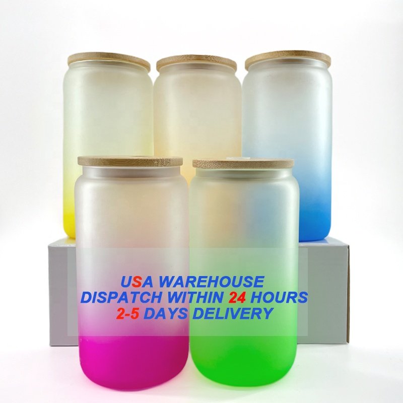 Us Warehouse 16oz Frosted Gradient Color Beer Juice Soda Shaped Sublimation Glass Can With Bamboo Lid And Plastic Straws