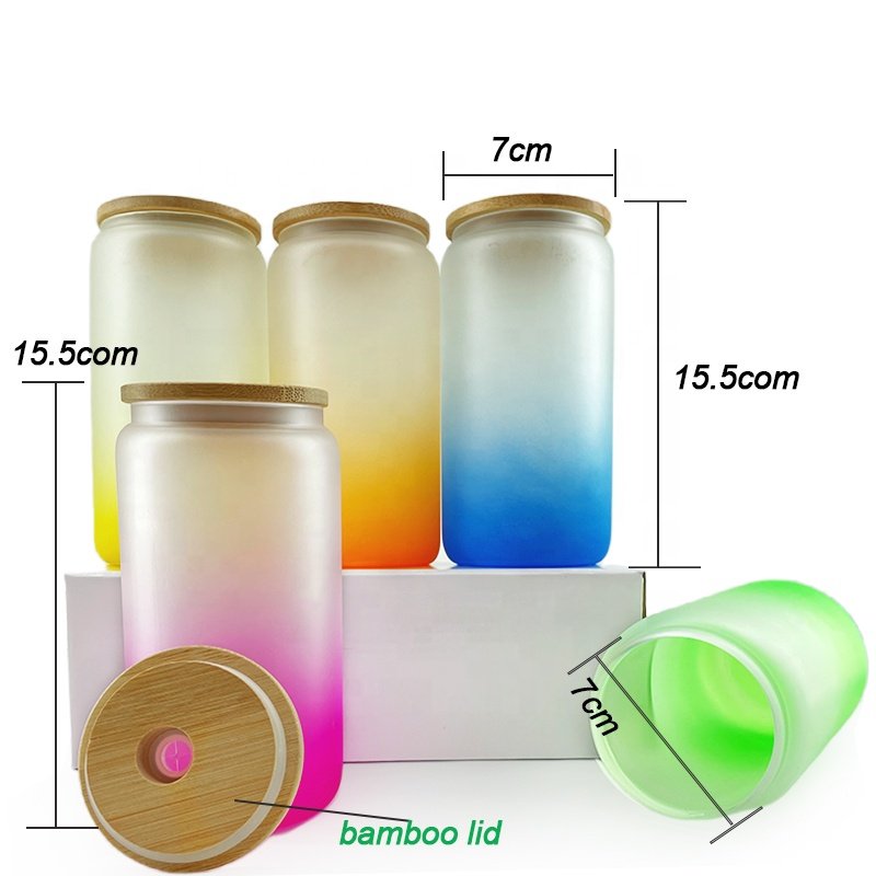 Us Warehouse 16oz Frosted Gradient Color Beer Juice Soda Shaped Sublimation Glass Can With Bamboo Lid And Plastic Straws