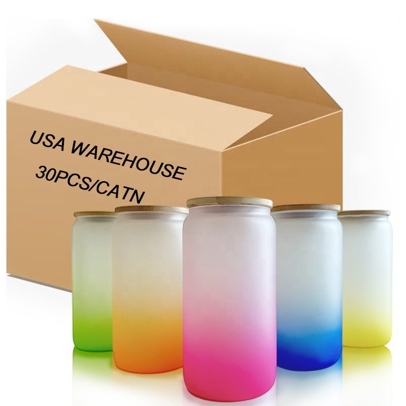 Us Warehouse 16oz Frosted Gradient Color Beer Juice Soda Shaped Sublimation Glass Can With Bamboo Lid And Plastic Straws