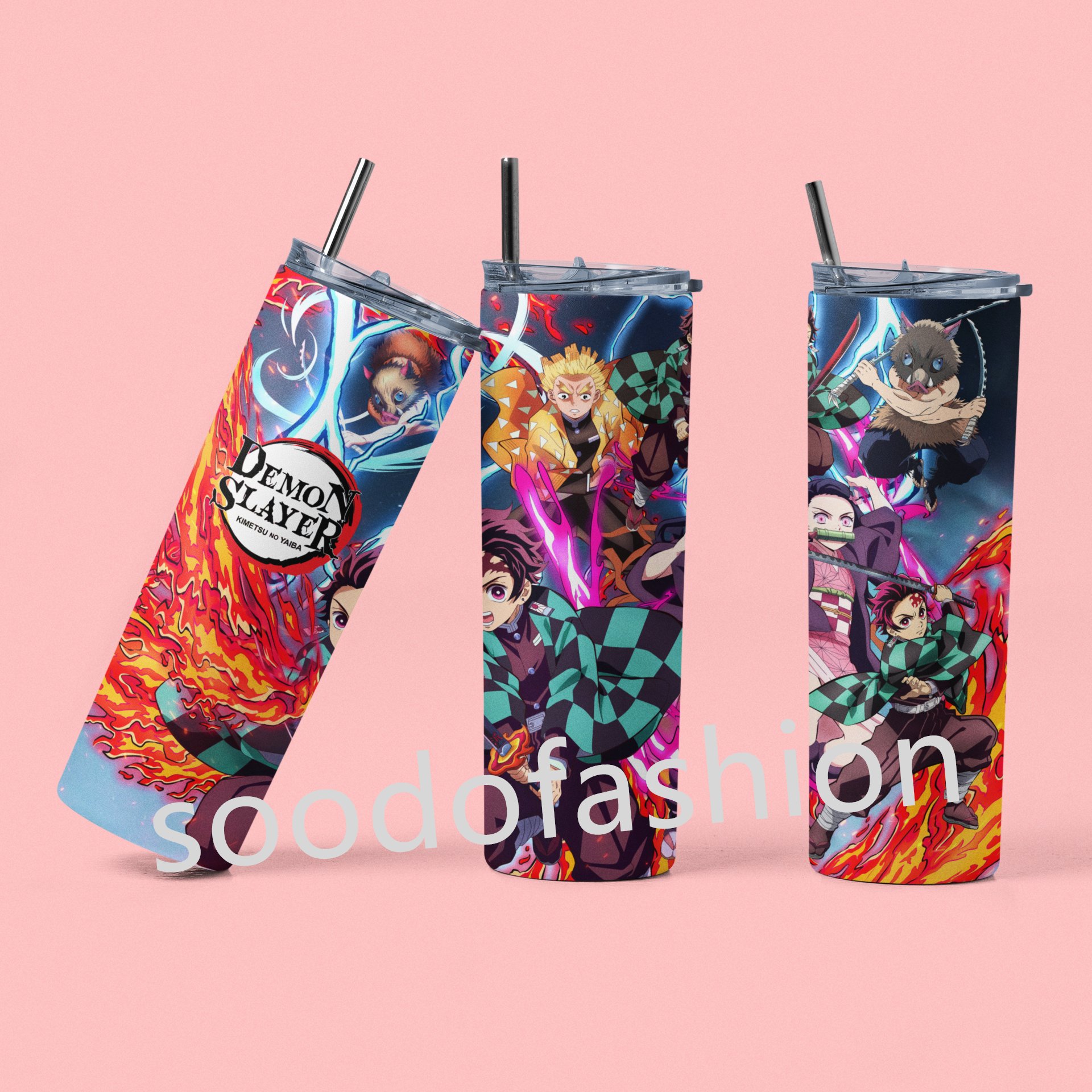 Newest style anime cartoon demon slayer custom stainless steel vacuum cups with lids and straws coffee mugs reusable cups