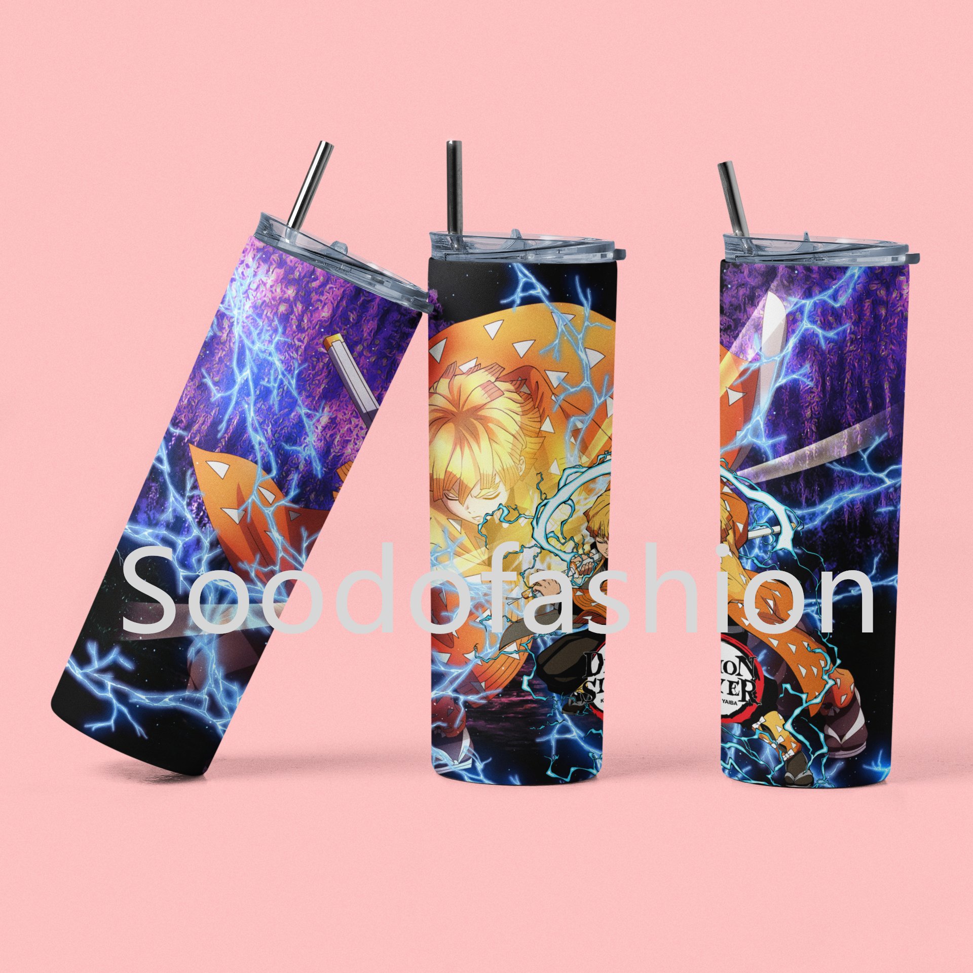 Newest style anime cartoon demon slayer custom stainless steel vacuum cups with lids and straws coffee mugs reusable cups