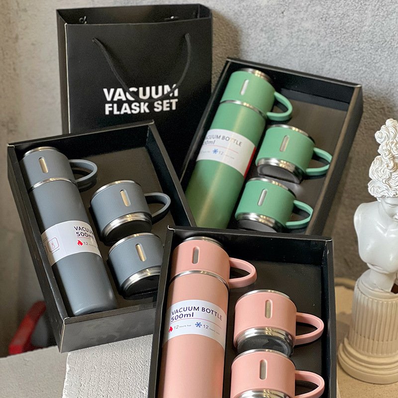 500ml Stainless Steel Vacuum Flask Set Powder Coated Business Gift Box 3pcs Set Of Thermal Flasks With Two Cups