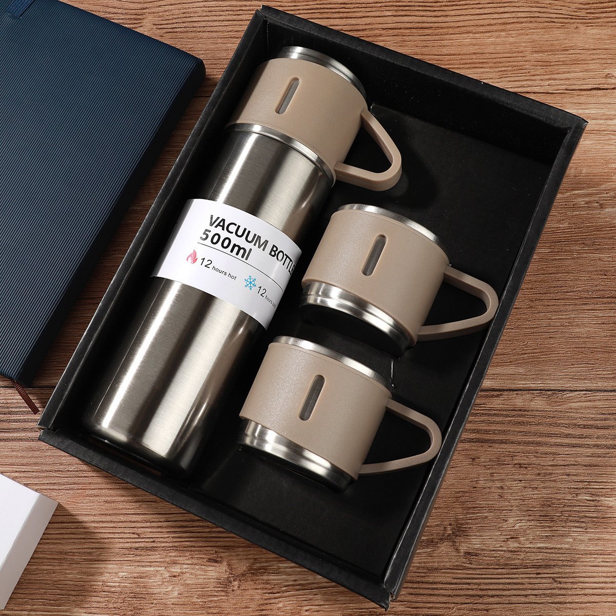 500ml Stainless Steel Vacuum Flask Set Powder Coated Business Gift Box 3pcs Set Of Thermal Flasks With Two Cups