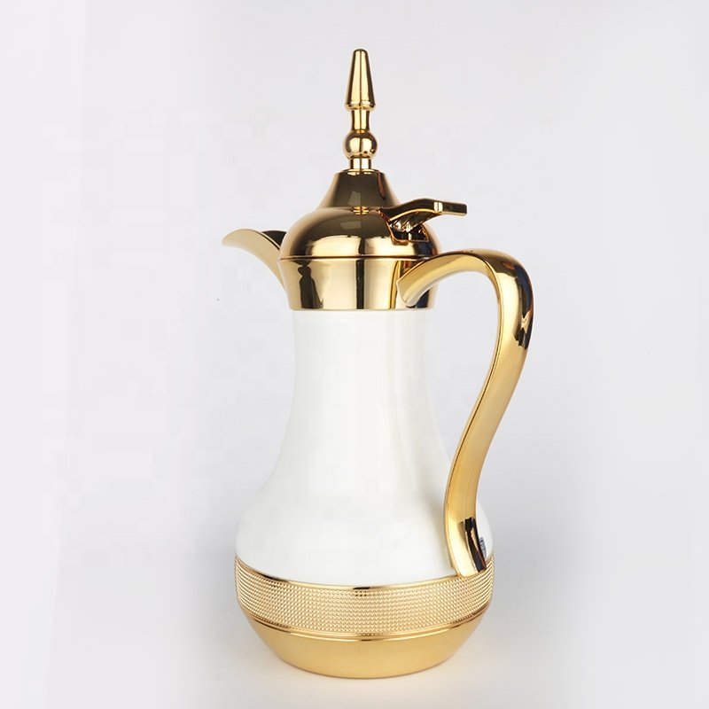 NEW ARRIVAL ARABIC WHITE GOLDEN COLOR 700ml LONG MOUTH PINK GLASS VACUUM FLASK JUG DALLAH
