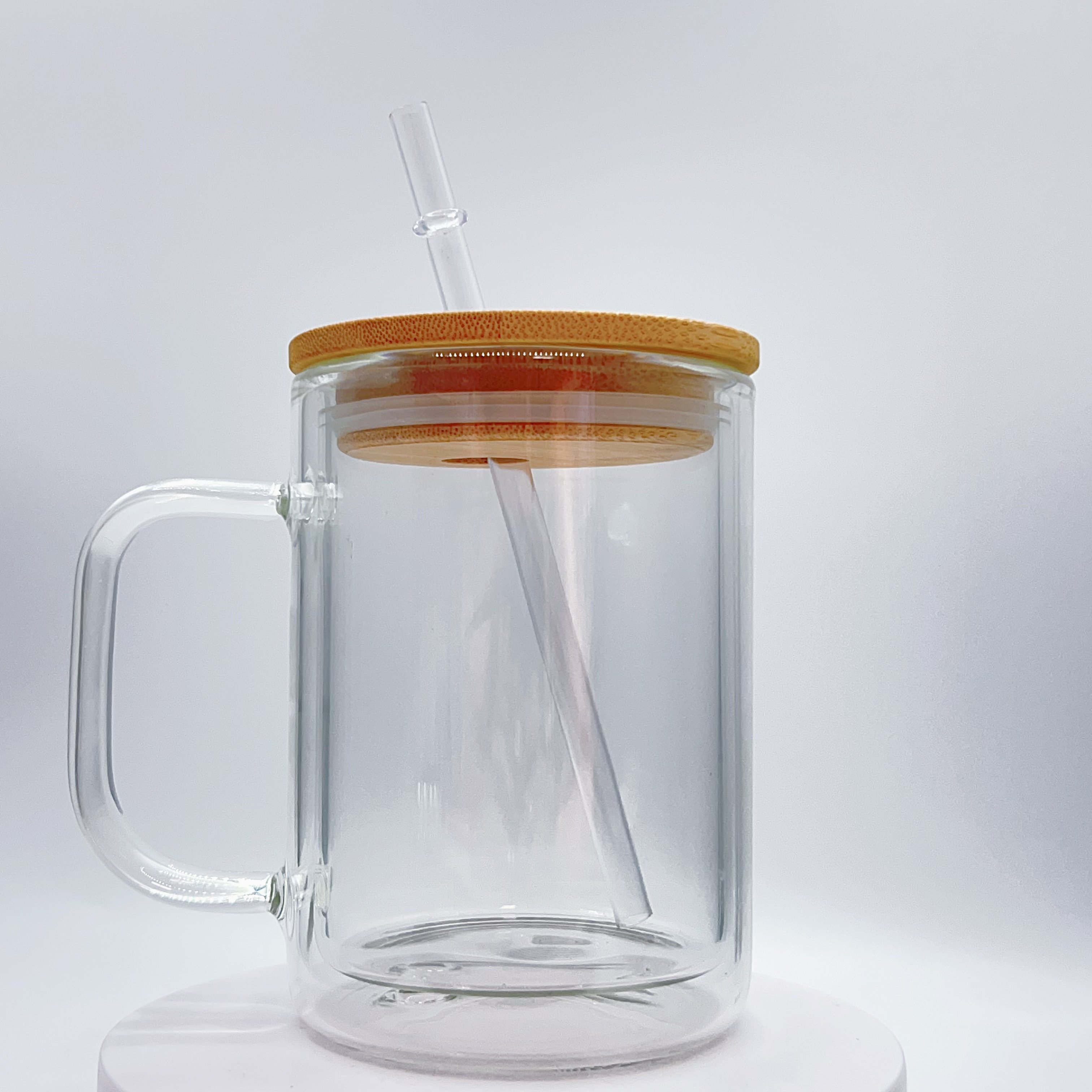 New Arrival USA Warehouse 15oz Clear Double Wall Glass Snow Globe Blanks Sublimation Mugs with Bamboo lid and plastic Straw
