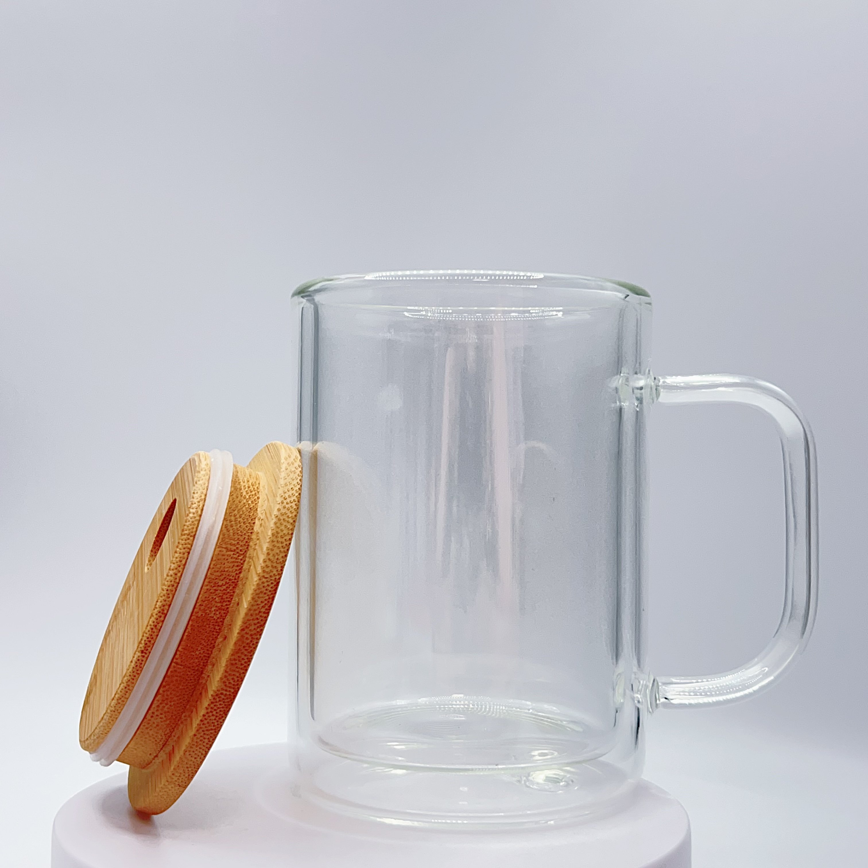 New Arrival USA Warehouse 15oz Clear Double Wall Glass Snow Globe Blanks Sublimation Mugs with Bamboo lid and plastic Straw