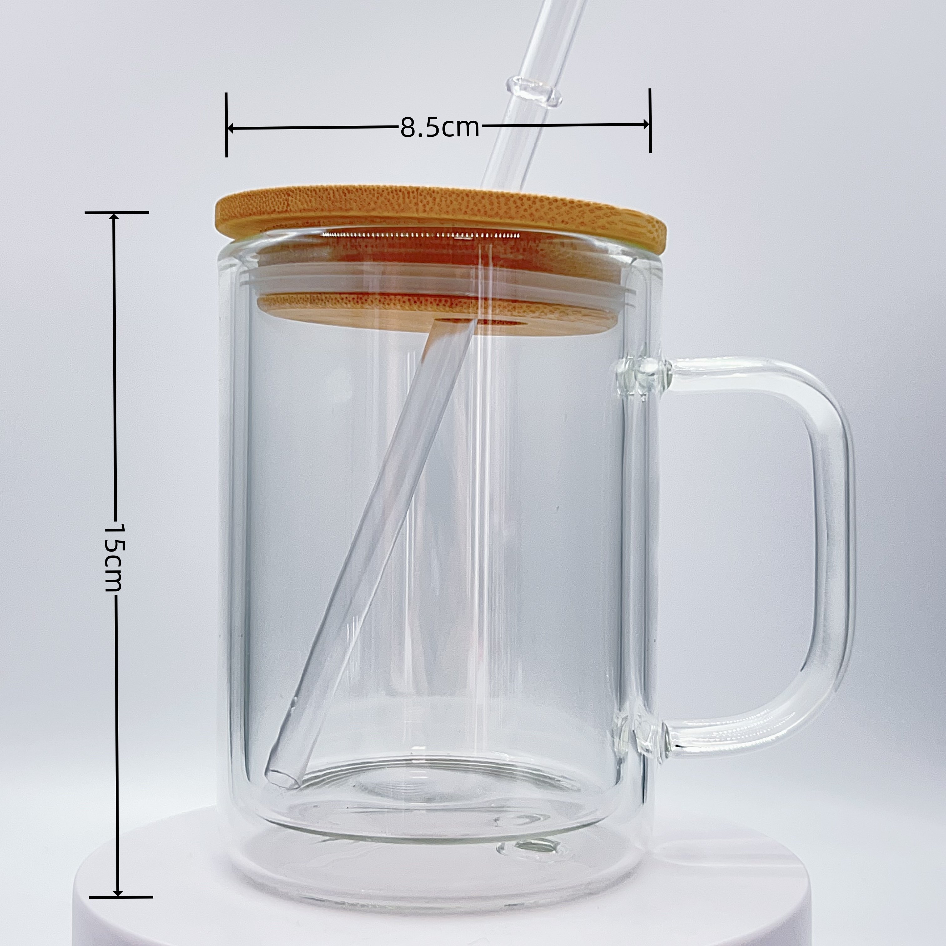 New Arrival USA Warehouse 15oz Clear Double Wall Glass Snow Globe Blanks Sublimation Mugs with Bamboo lid and plastic Straw