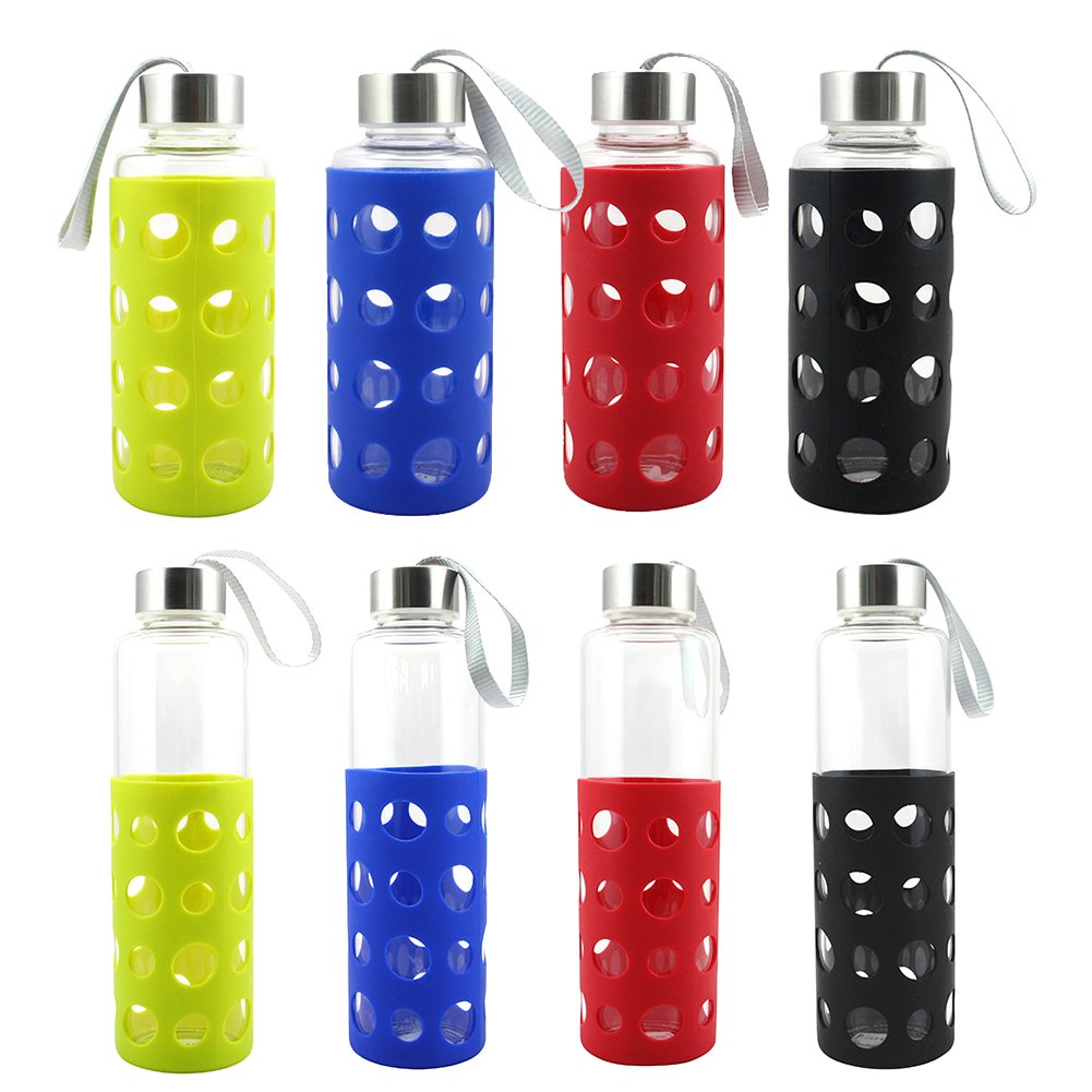 Customized 550ml Portable High Borosilicate Glass Water Bottle With Hollow Out Silicone Sleeve