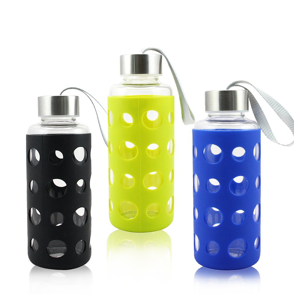 Customized 550ml Portable High Borosilicate Glass Water Bottle With Hollow Out Silicone Sleeve