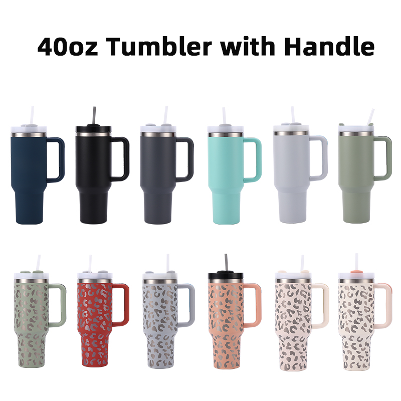 Custom water coffee mug large capacity stainless steel double wall insulated 40oz tumbler with straw and handle