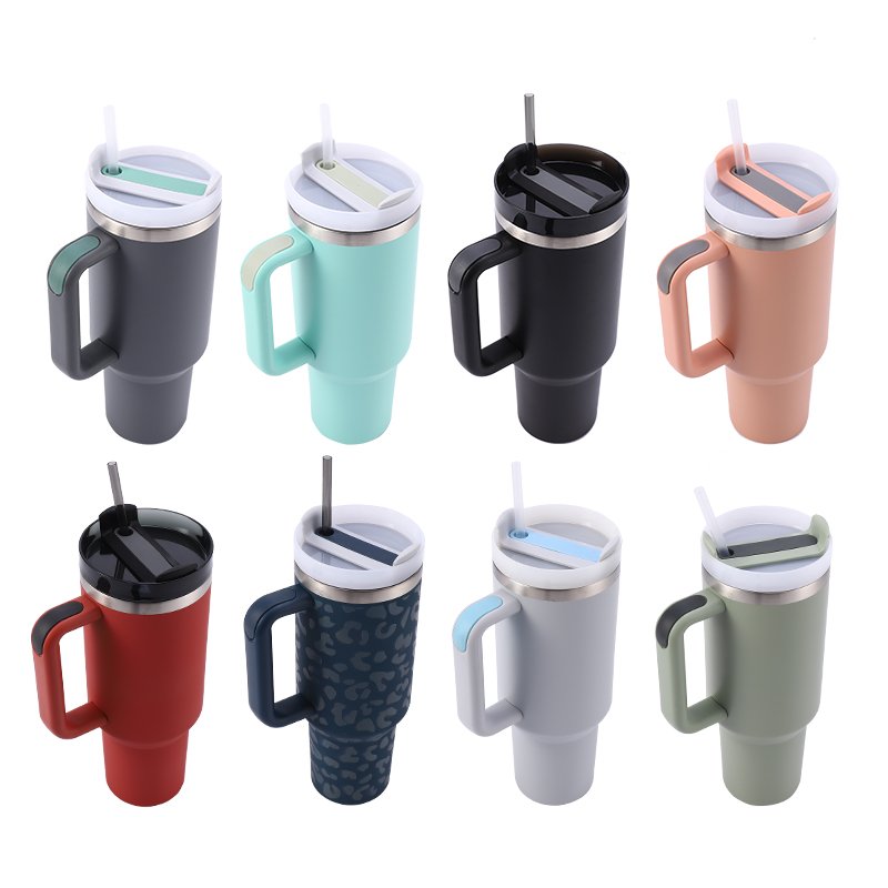 Custom water coffee mug large capacity stainless steel double wall insulated 40oz tumbler with straw and handle