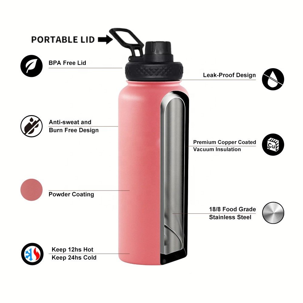 Wide Mouth Double Wall Thermos Bottle Vacuum Flask 1L Stainless Steel Insulated Portable Travel Water Bottle