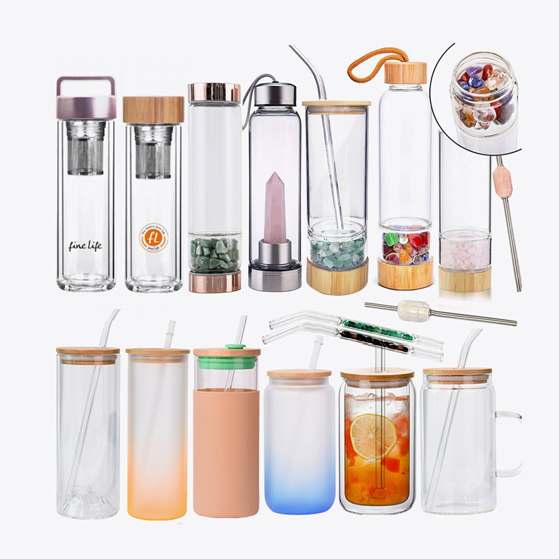 Elixir Natural Gemstone Water Bottle with Crystals Inside Gemstone crystal Points holy Borosilicate Glass Water Bottle
