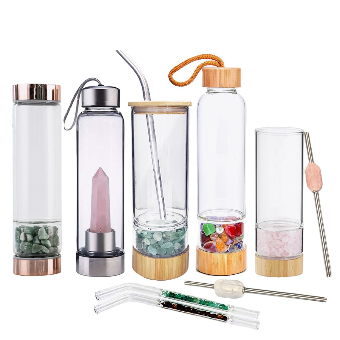 Elixir Natural Gemstone Water Bottle with Crystals Inside Gemstone crystal Points holy Borosilicate Glass Water Bottle